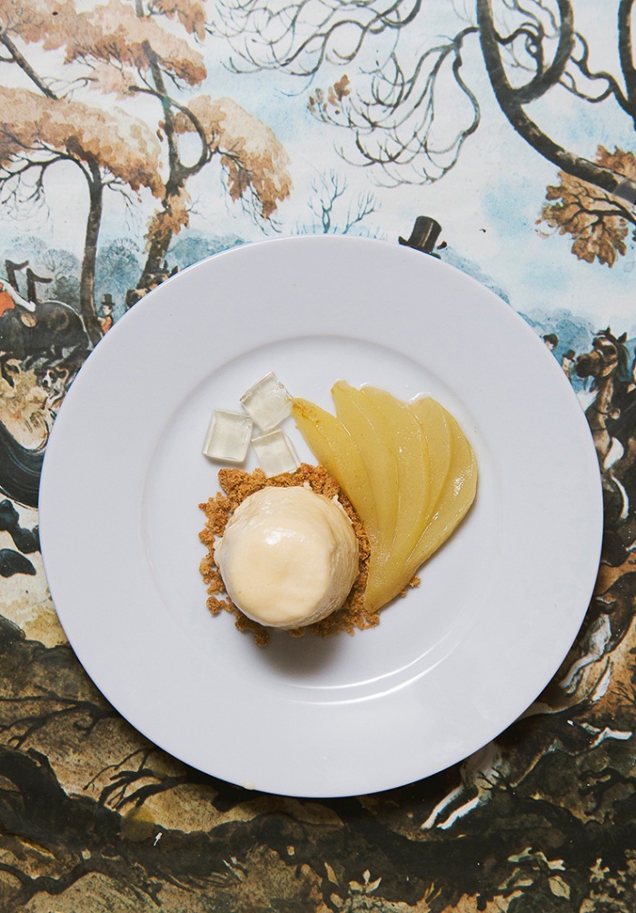 Pear bavarois with a caramelised Sauternes-poached pear, gingerbread crumble and Sauternes and pear jelly